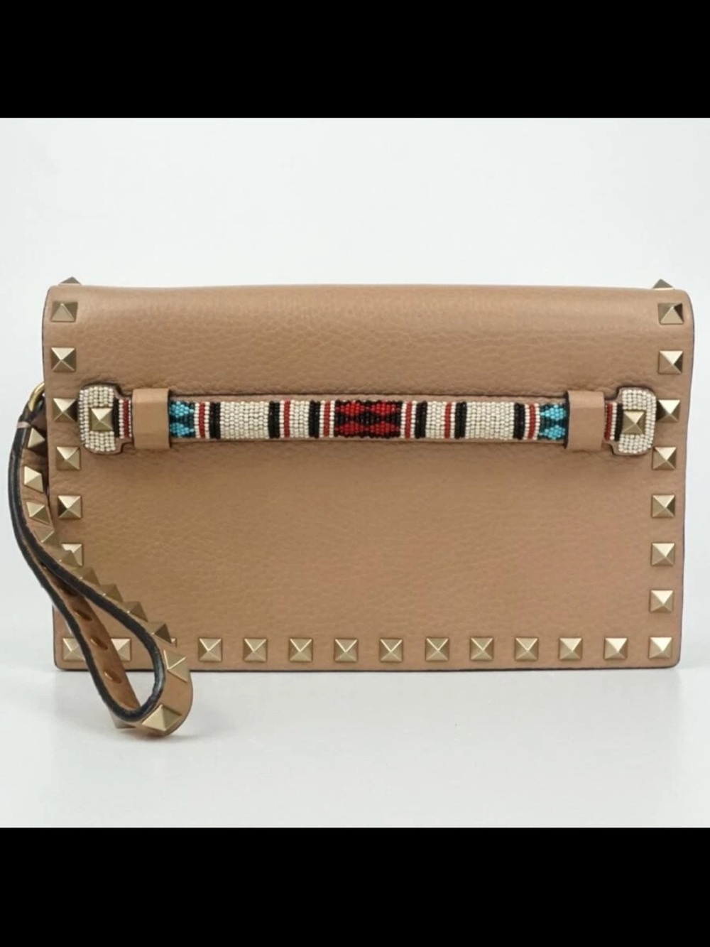 Valentino Garavani Tan Leather Rockstud Clutch with Beaded Handle